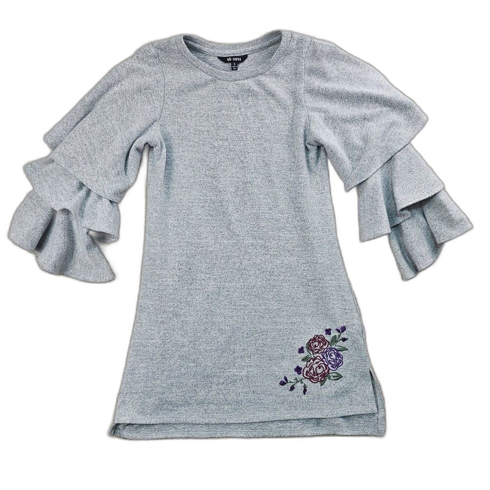 Obsess Sweater Dress with Ruffled Sleeves & Floral Embroidery Gray Girls Size Sm